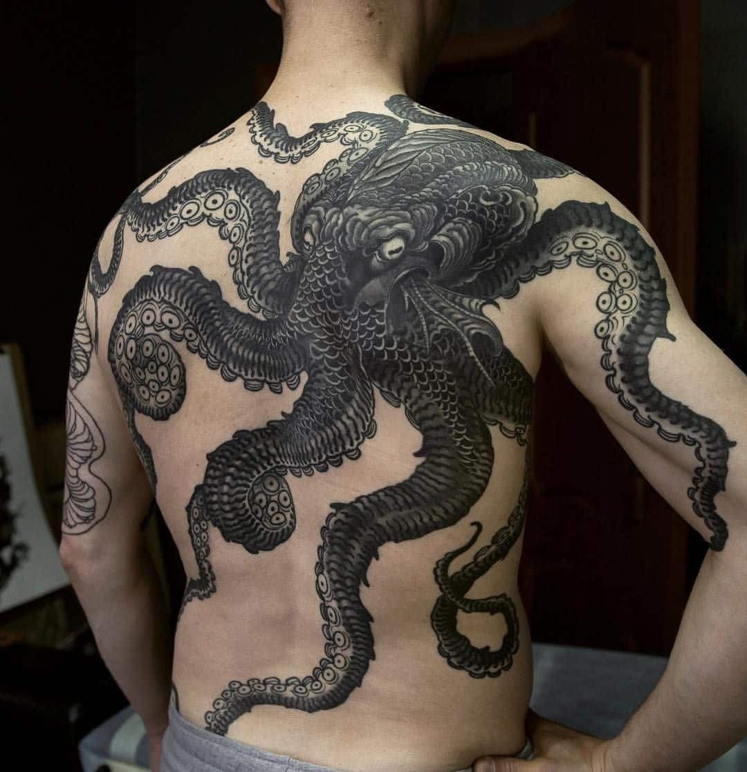 Kraken Tattoo Black Ink Back Tattoo