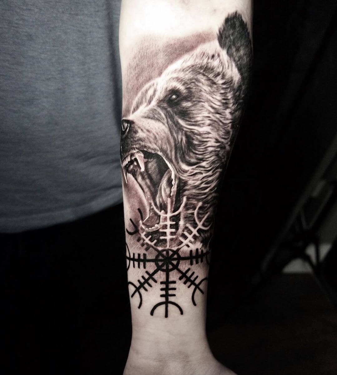 Black And White Ink Viking Sleeve Tattoos For Men Bear And Helm Of Awe Design