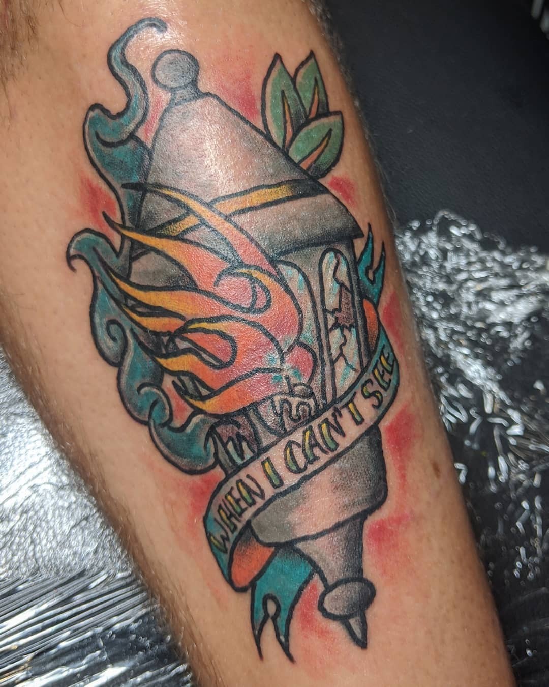 Shiny Colored Text Lantern Tattoo