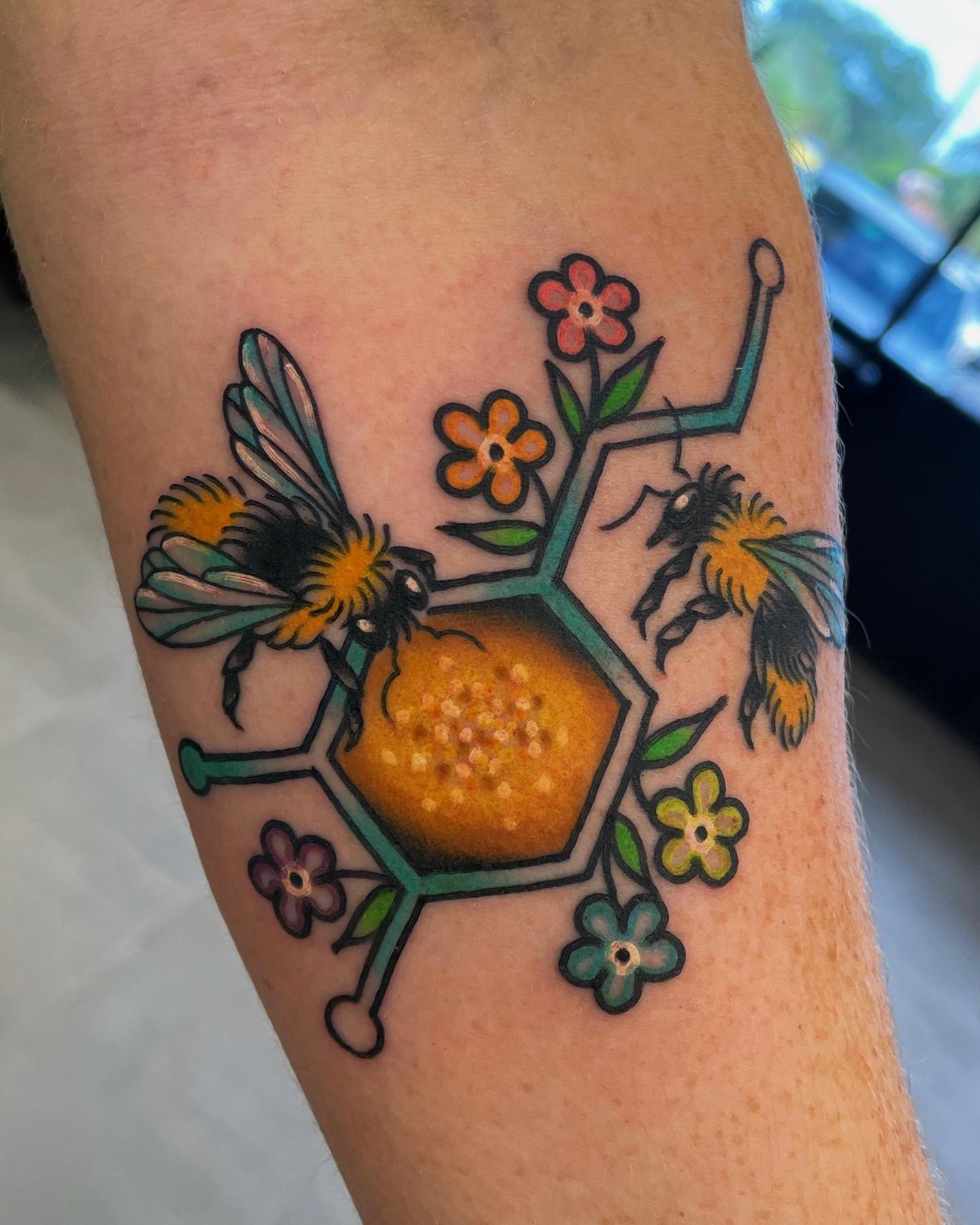 Honeycomb And Honeybees Dopamine Molecular Structure Tattoo