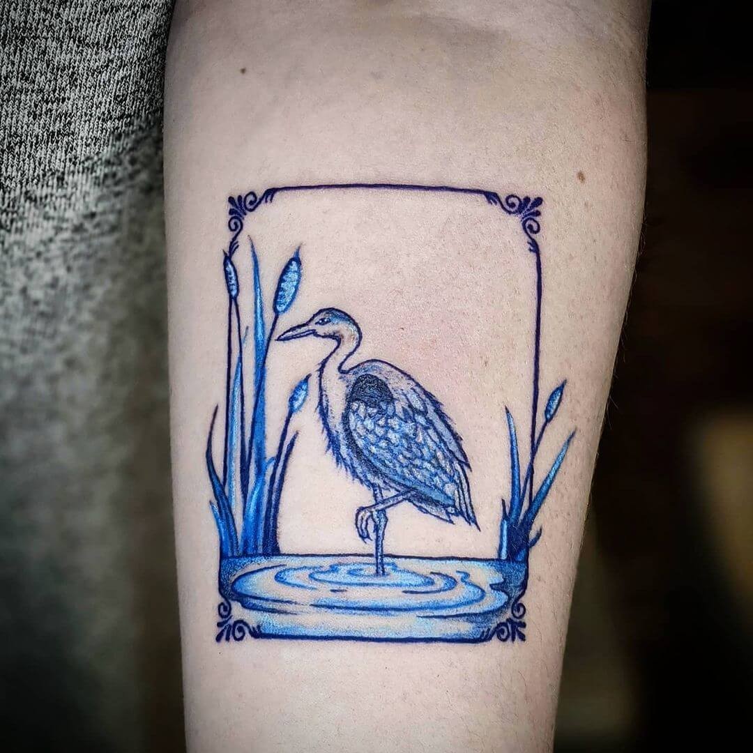 Blue Heron Flash Monochromatic Tattoo