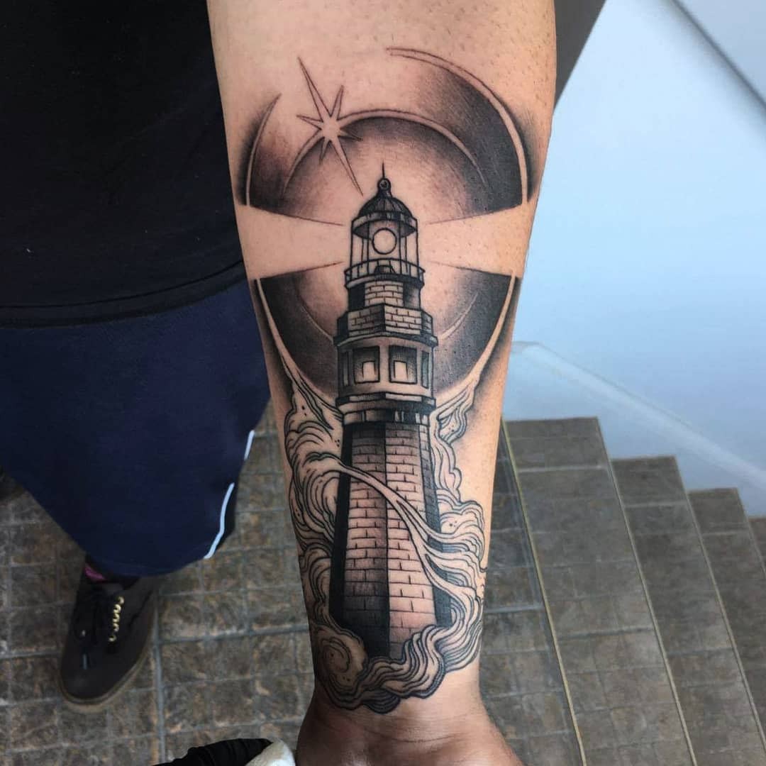 Black And White Lighthouse Tattoo