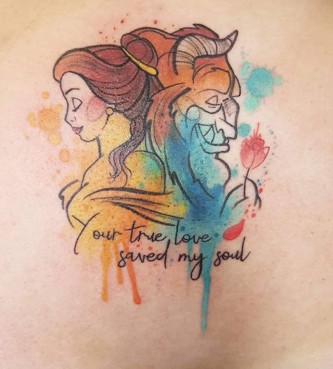 Disney Tattoos Beauty And The Beast Rose Tattoo Colorful Watercolor Design On Back