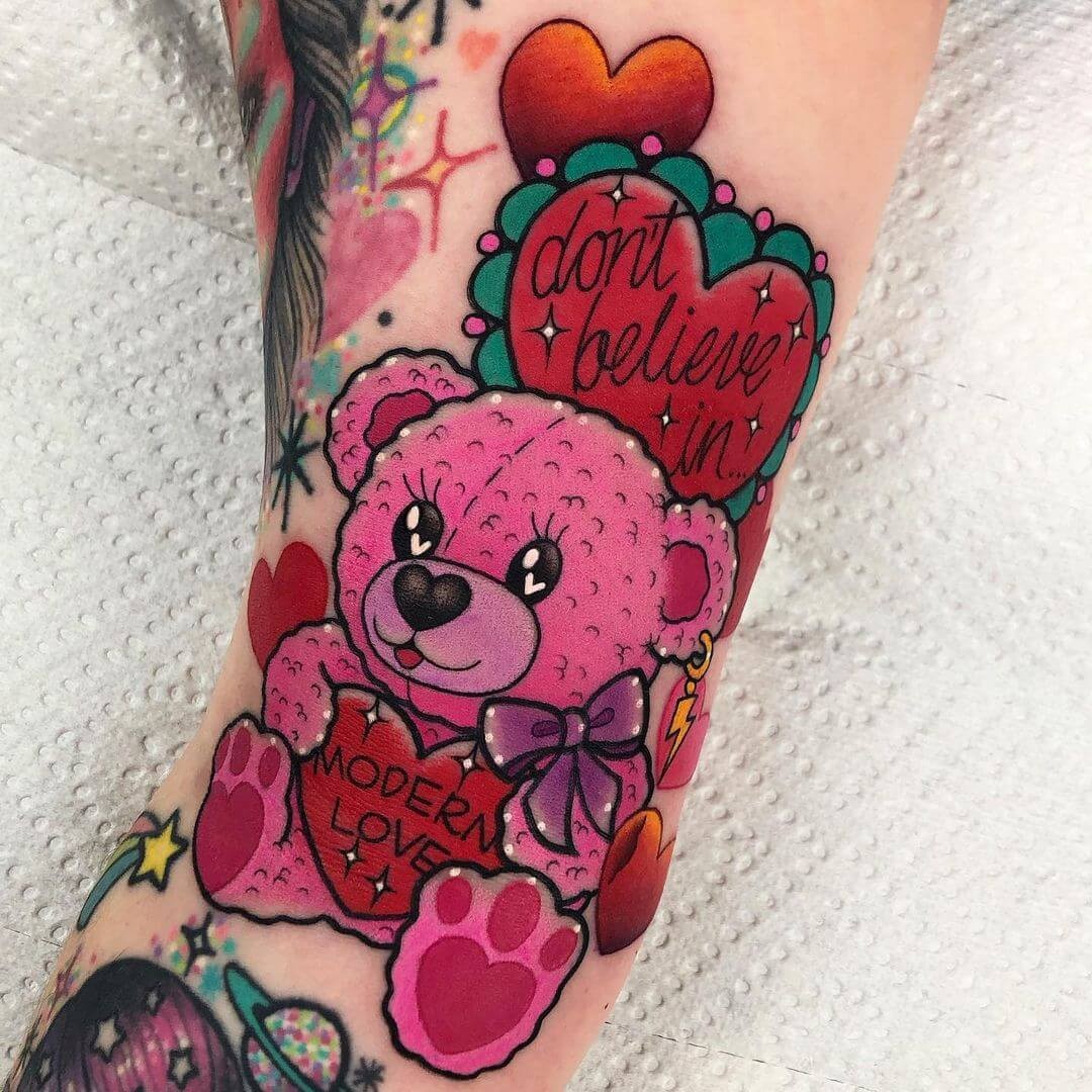 Big and Pink Hearts and Teddy Bear Tattoo Designs