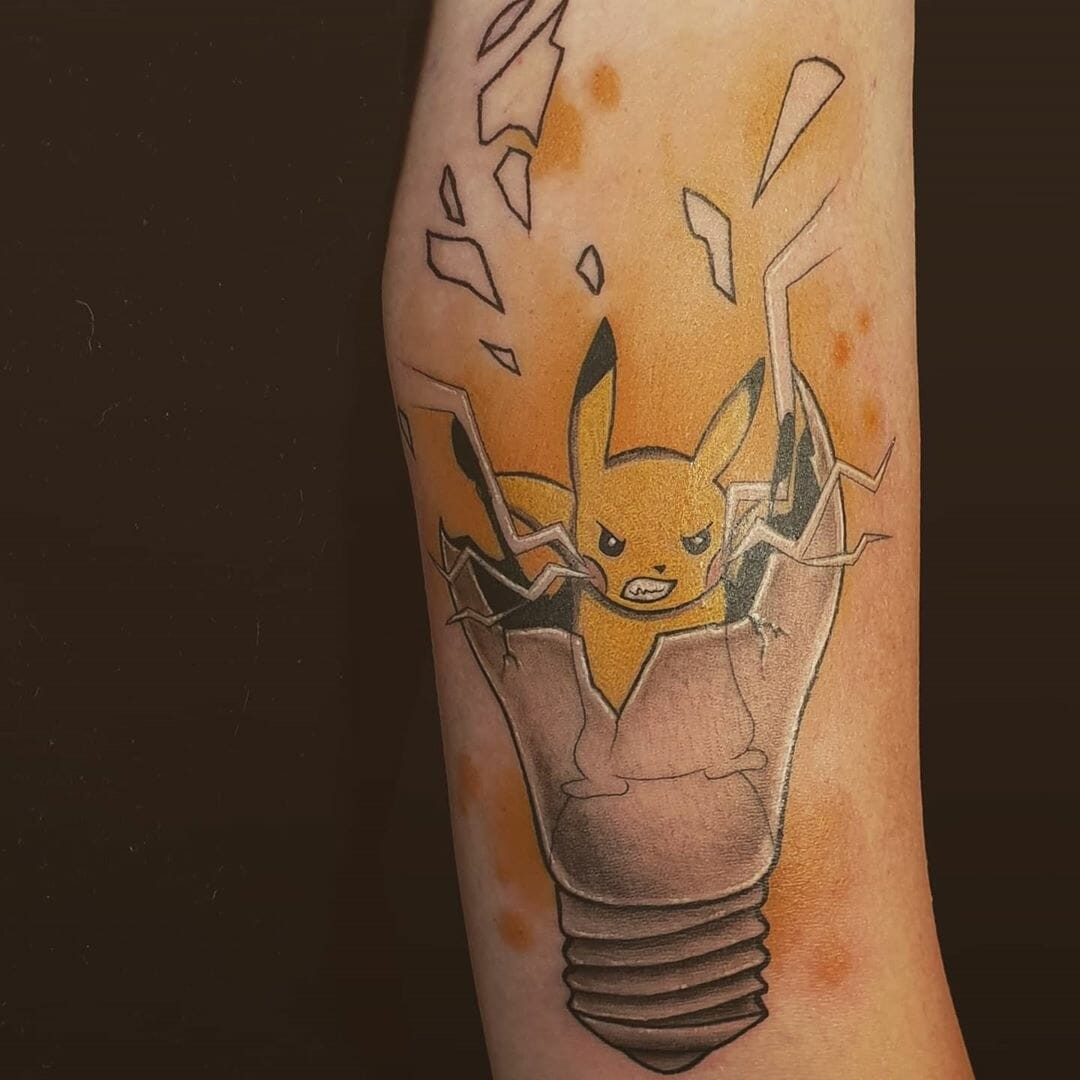 Pikachu Electric Attack Bursting From Light Bulb Colorful Sleeve Tattoo