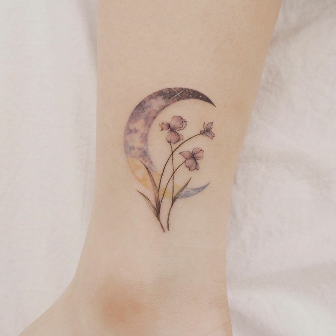 Delicate Purple Iris and Moon Tattoo Design