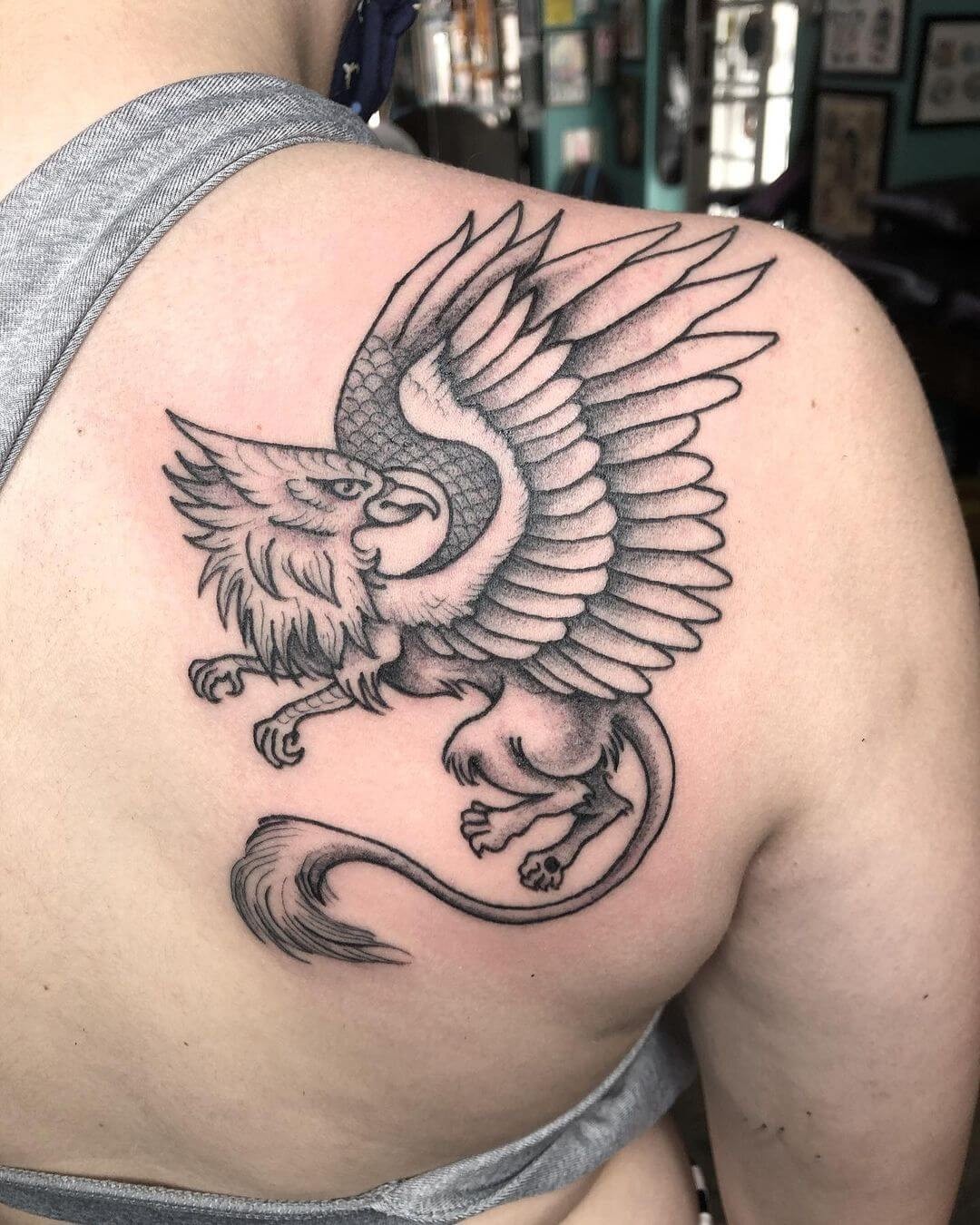 Detailed Shoulder And Back Gryphon Tattoo