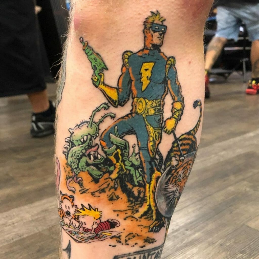 Shin Sleeve Tattoo with Comic Characters