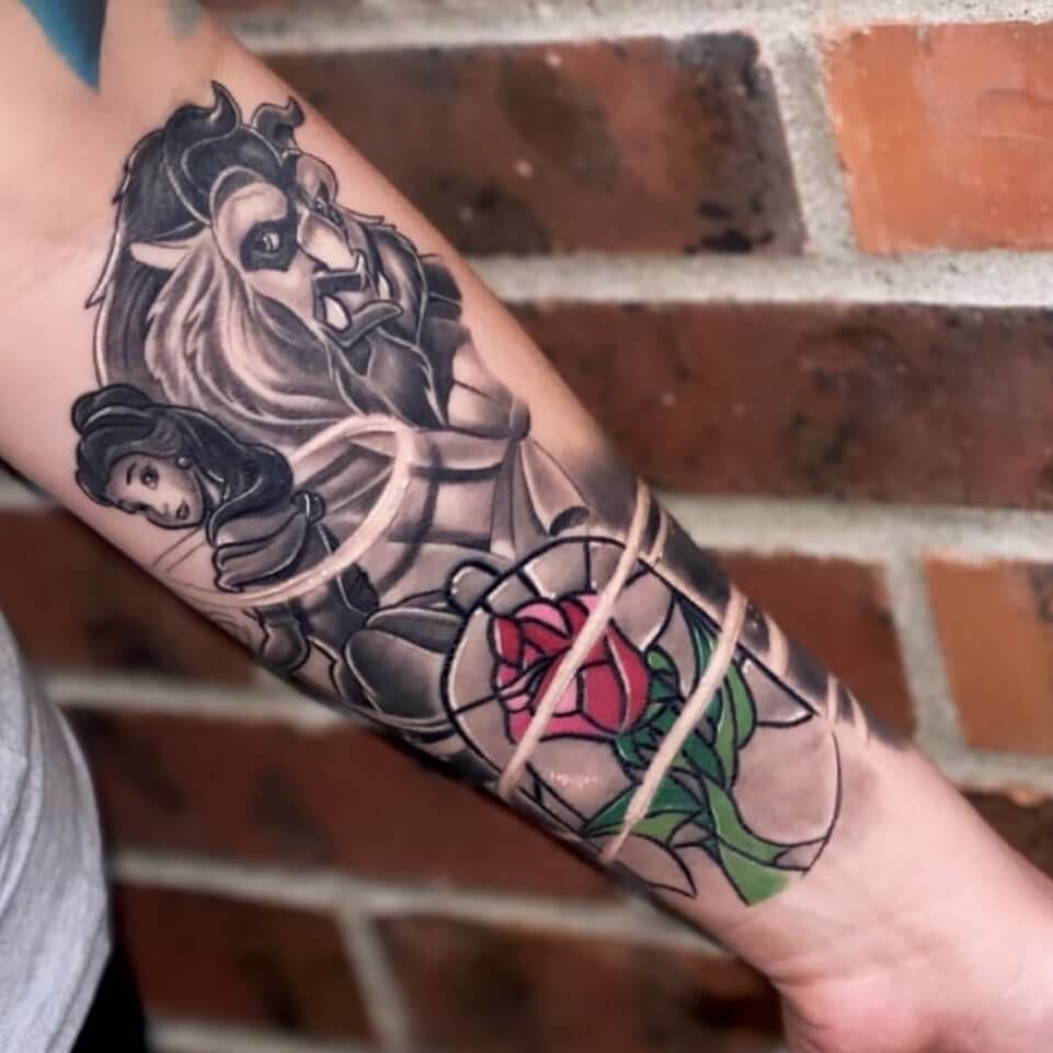 Disney Beauty And The Beast Rose Tattoo Black And White Design On Forearm