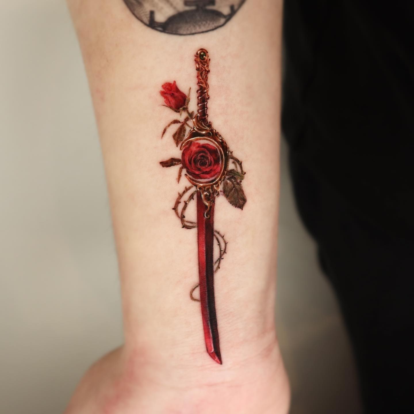 Realistic Sword And Rose Tattoo