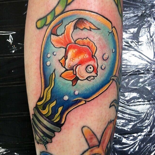 Fish And Lightbulb Calf Tattoo