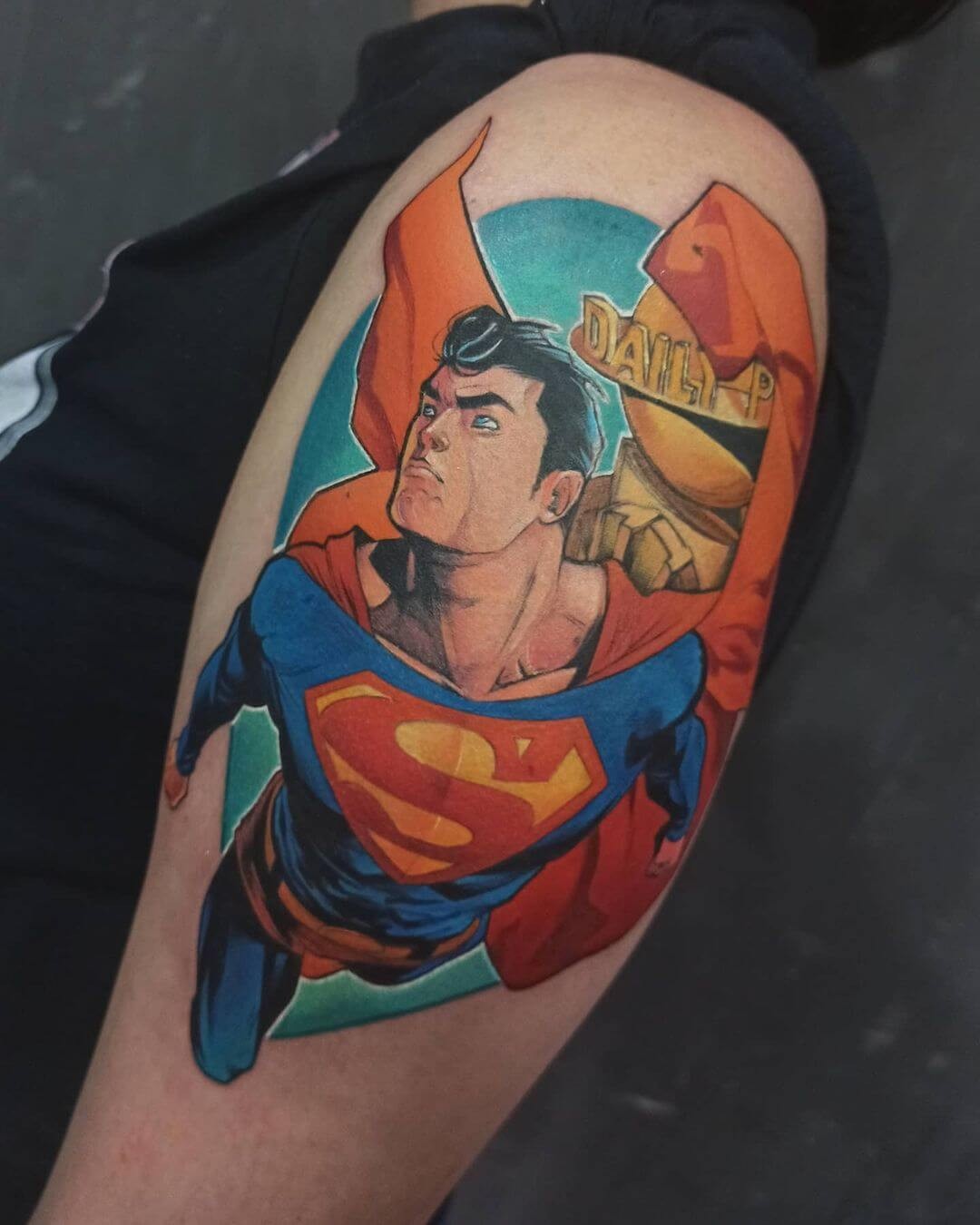 Colourful Superman Flying Tattoo Idea