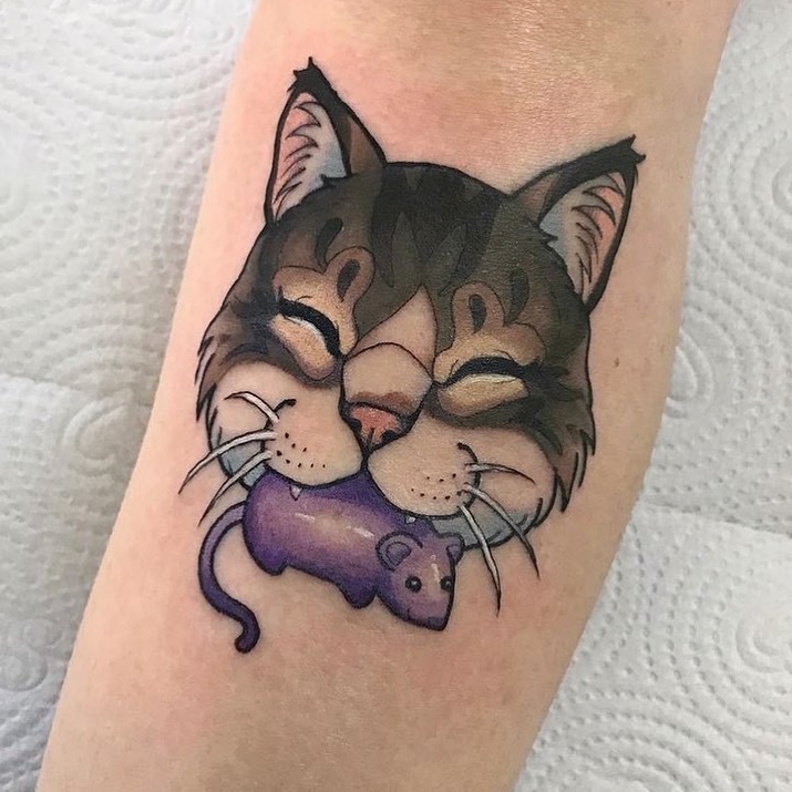 Black Kitty With Prey Tattoo