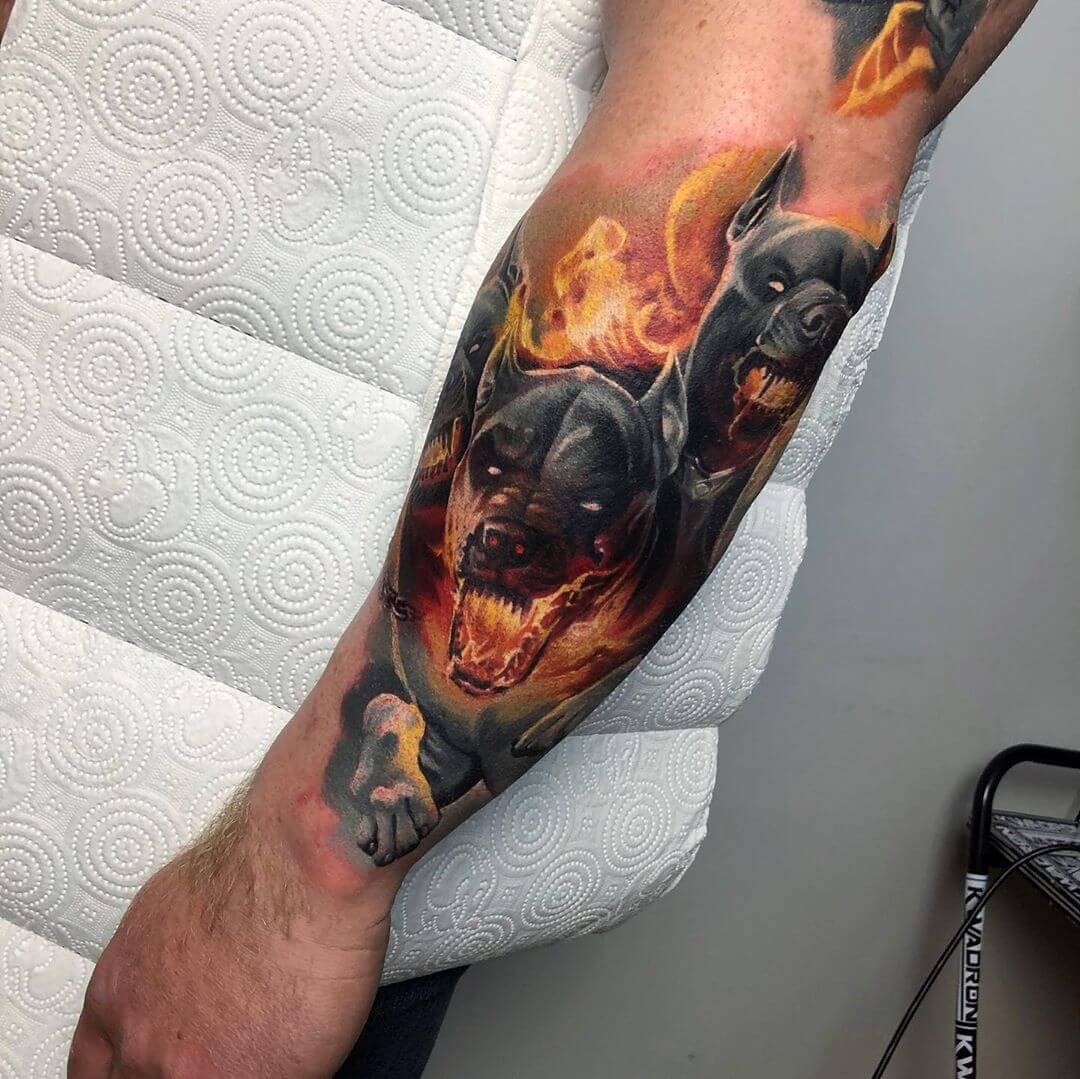 Insane Cerberus Tattoo From The Fiery Pits Of Hell Full Color Arm Sleeve Tattoos