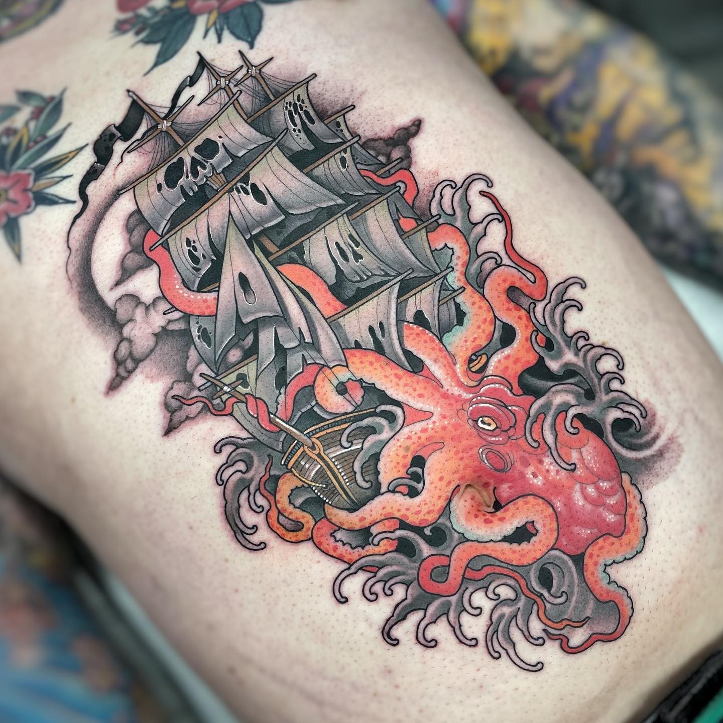 Kraken Pirate Ship Traditional Tattoo