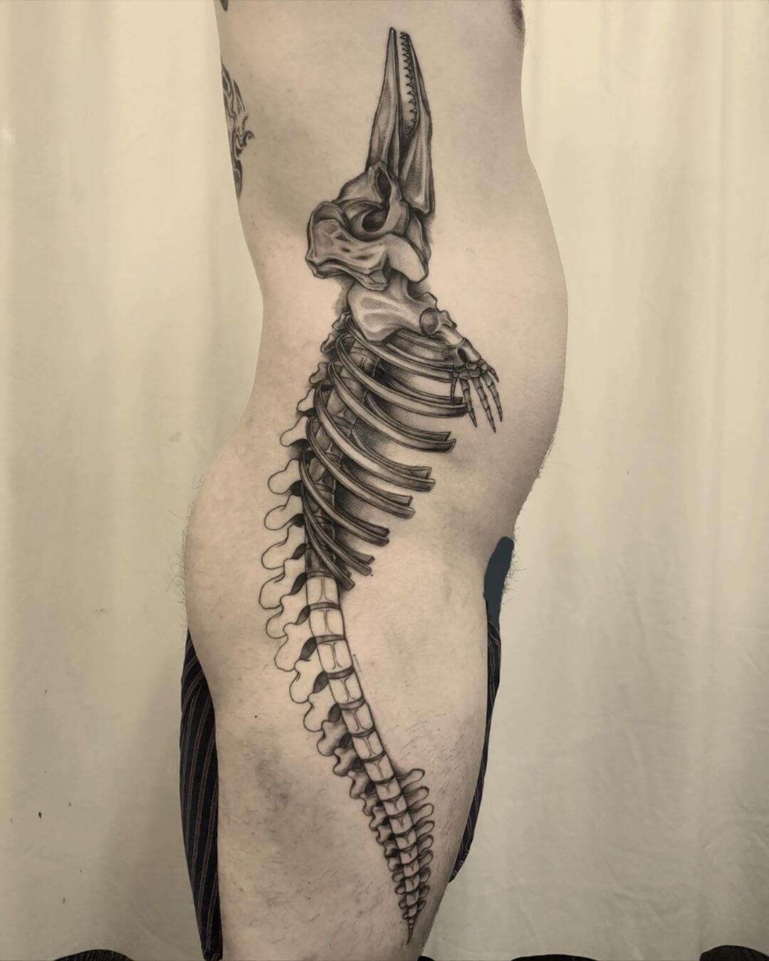 Stunning Whale Skeleton Tattoo In Black And Gray Side Body Art Ideas For Men