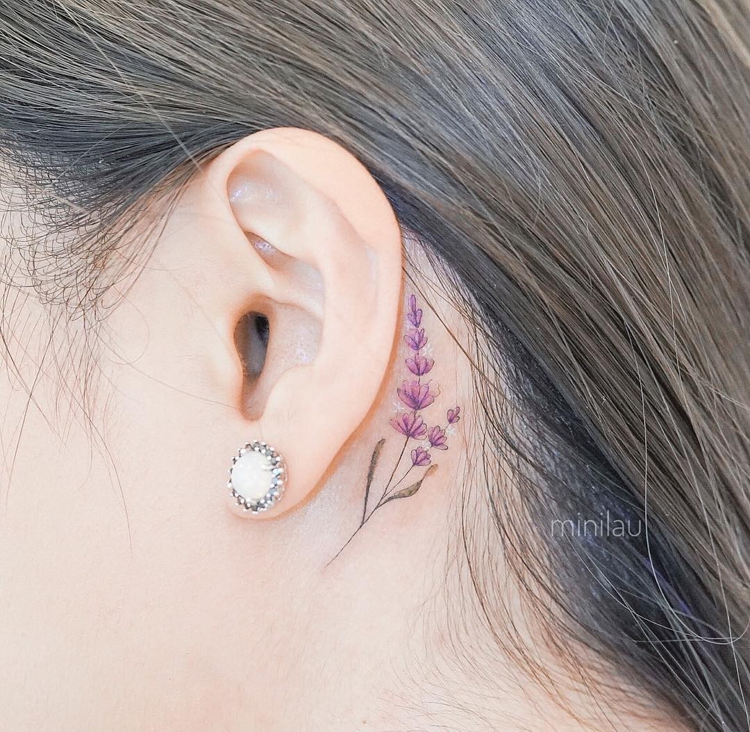 Lavender Sprig Tattoo Behind Ear