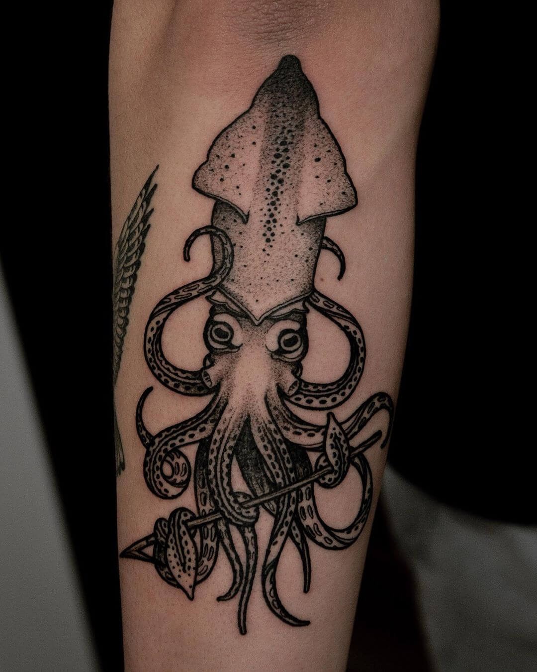 Black Ink Squid Tattoo Designs Giant Squid Ready For Battle Tattoo Idea For Men On Forearm