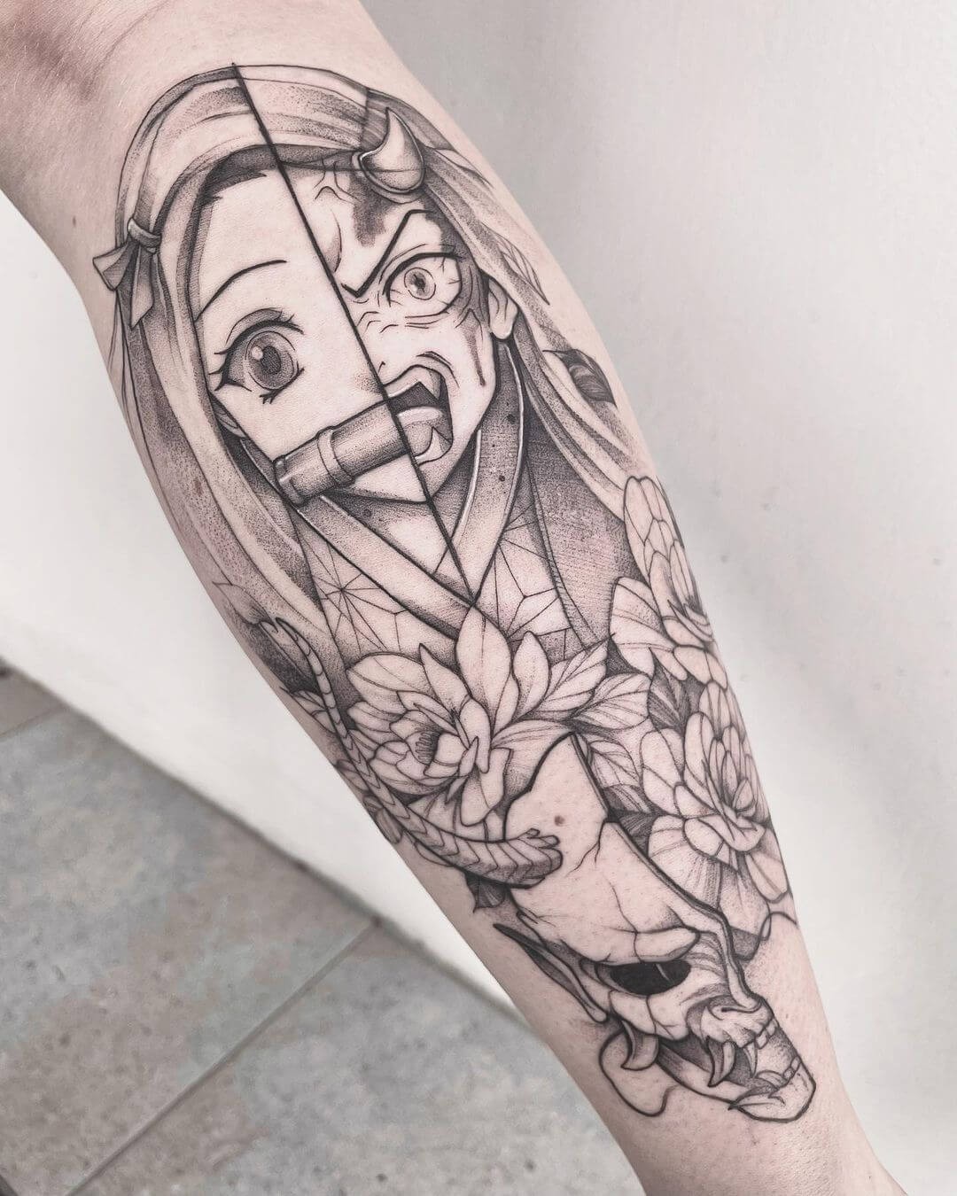 Black And White Nezuko Kamado Tattoo