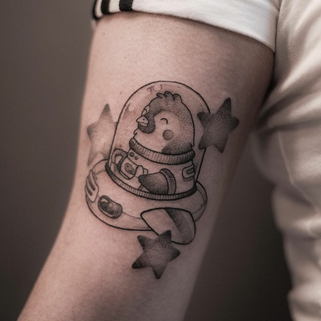 Cute Spaceship Penguin Tattoo