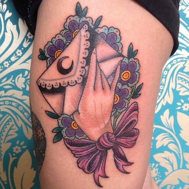 Feminine Bow And Envelope Thigh Tattoo