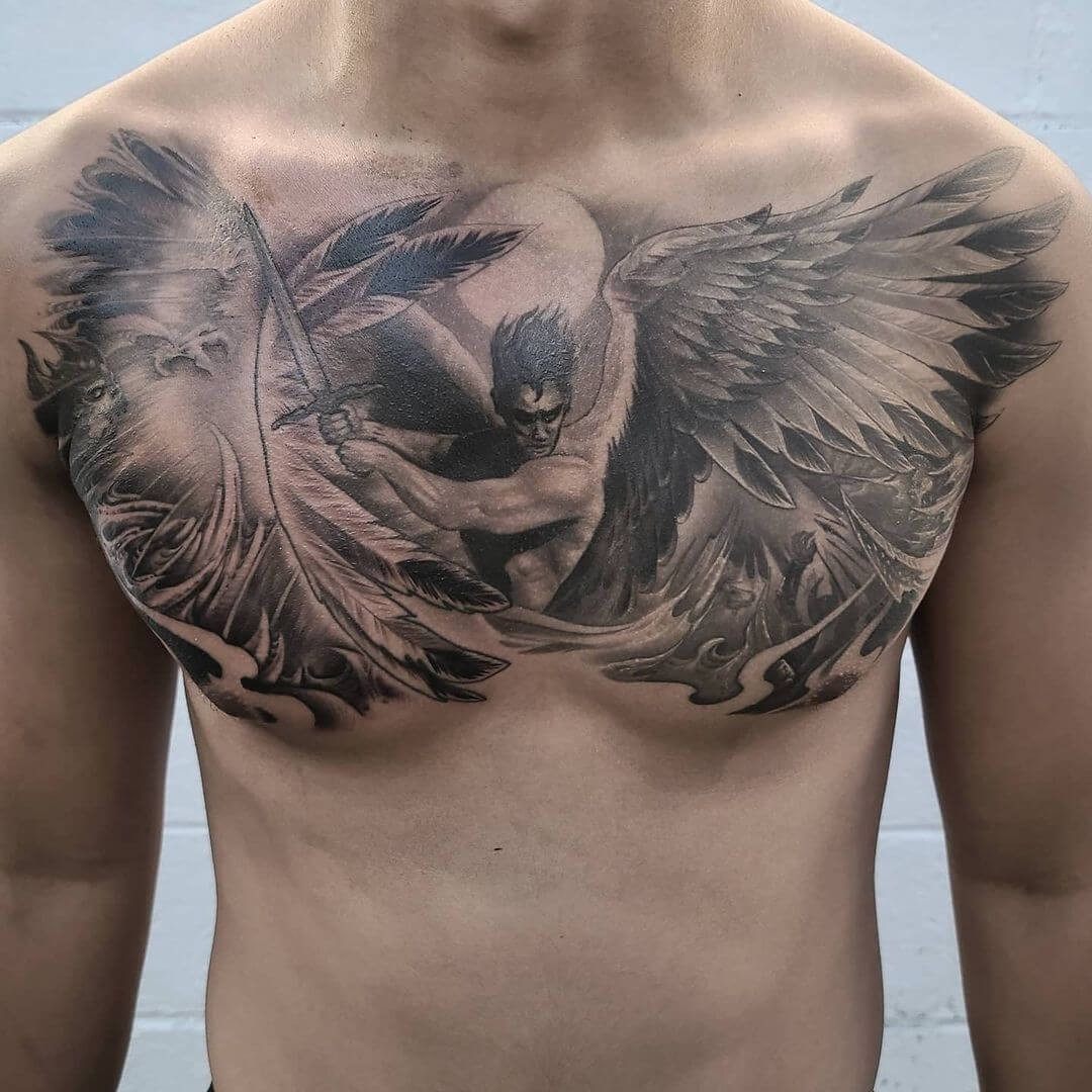 Back And Chest Saint Michael Archangel Tattoo