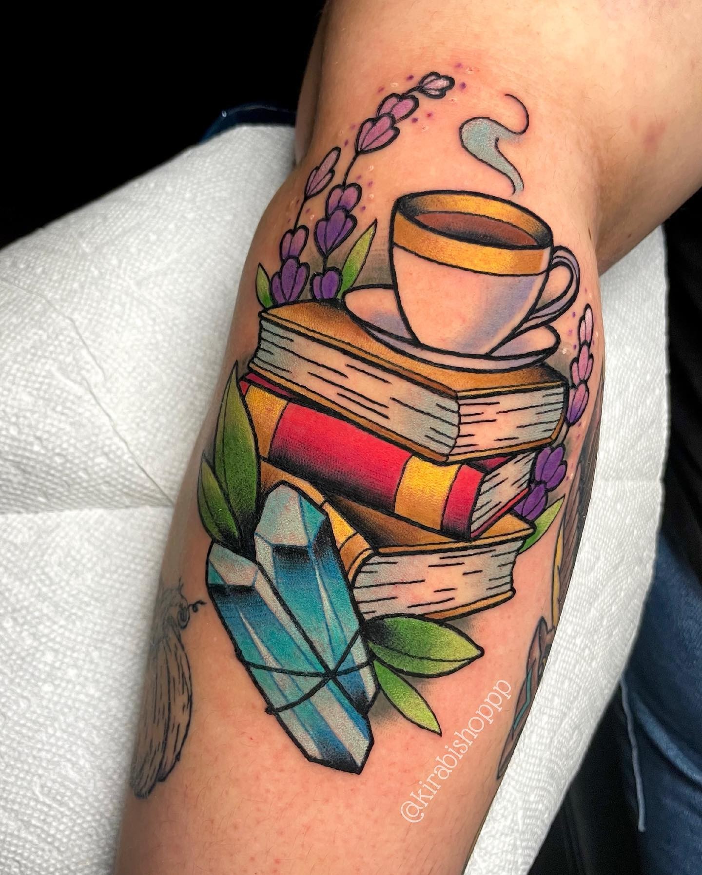 Colourful Stack of Books with Cup of Tea and Crystals Tattoo