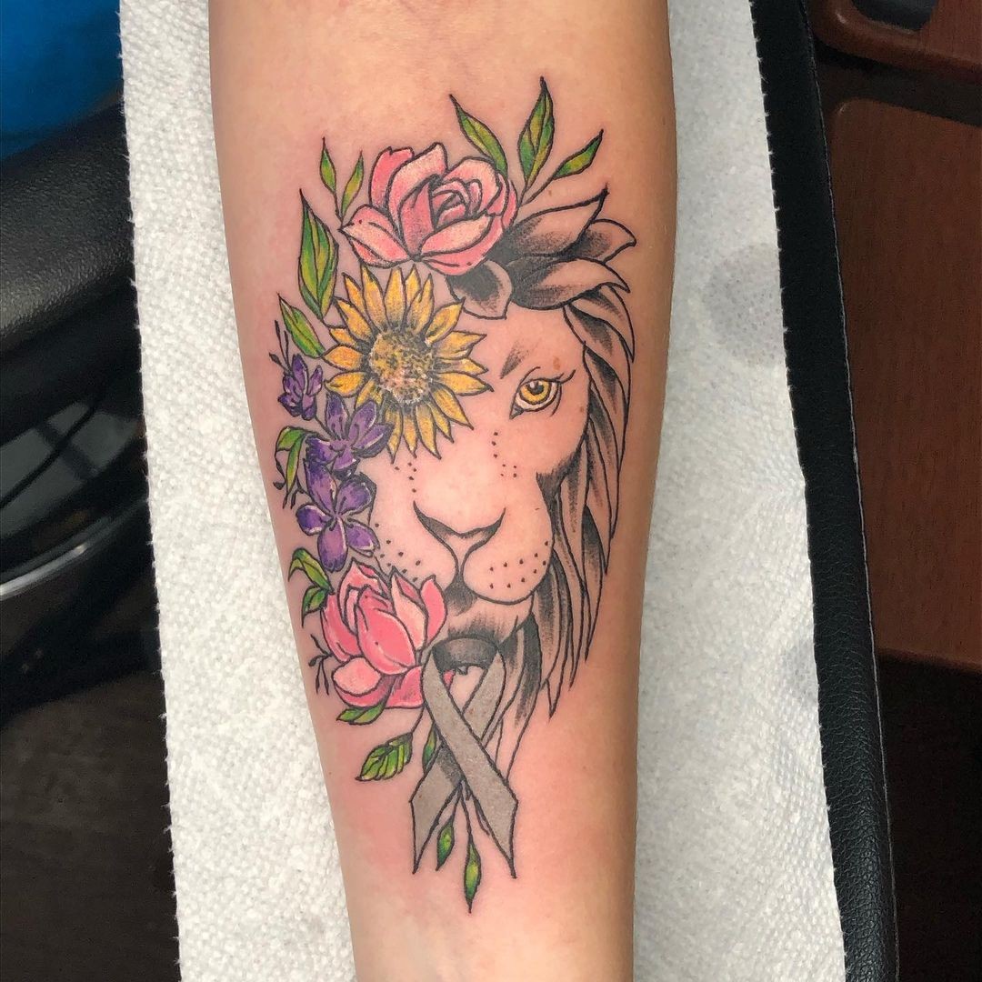 Lion Tattoo With A Cancer Ribbon