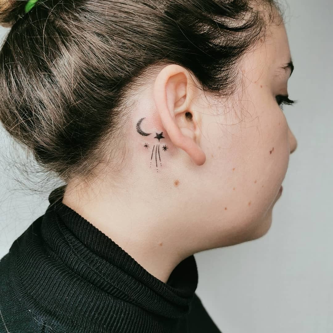 Crescent-Star Tattoo Behind Ear