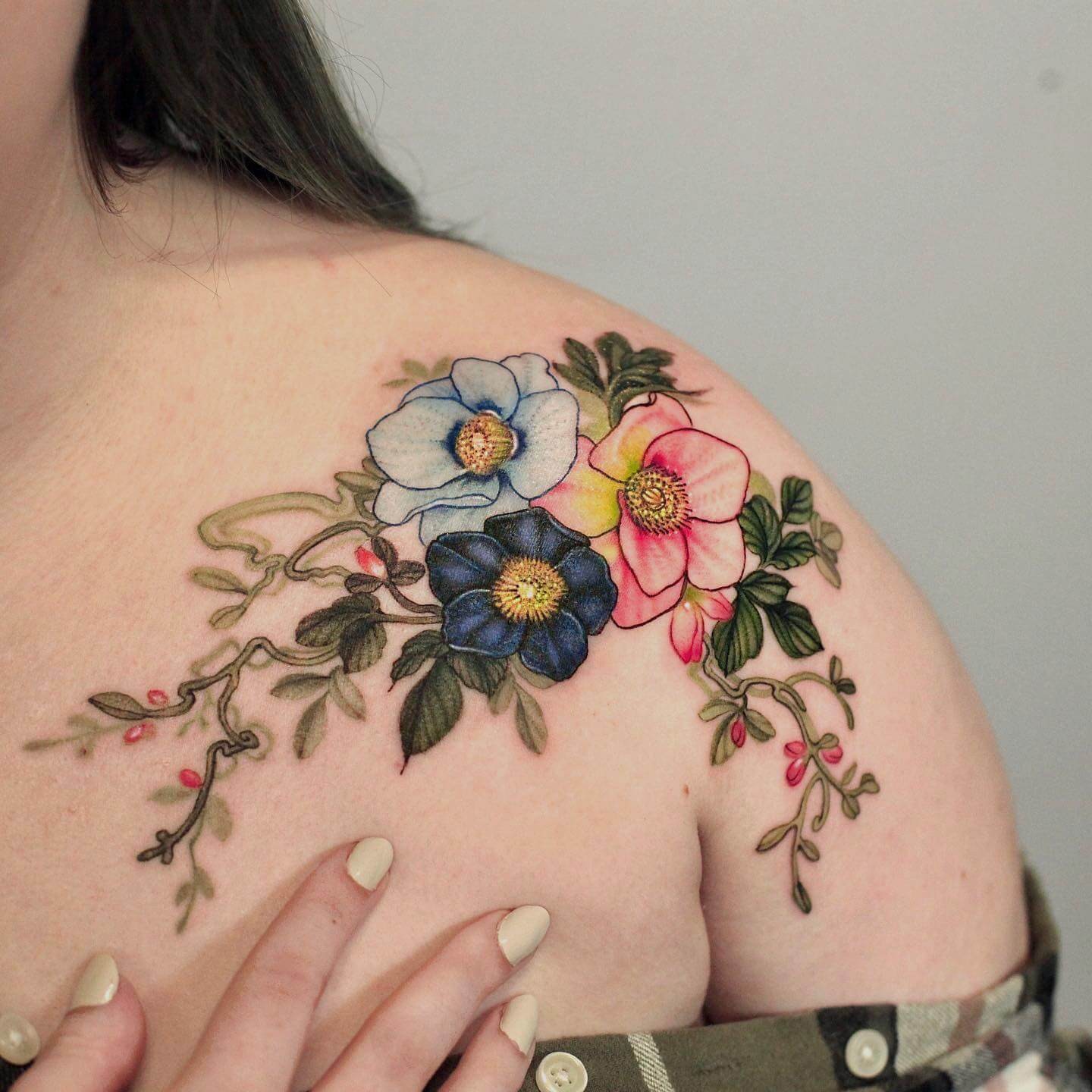 Fantastic Blue and Pink Shoulder Flower Tattoo Designs