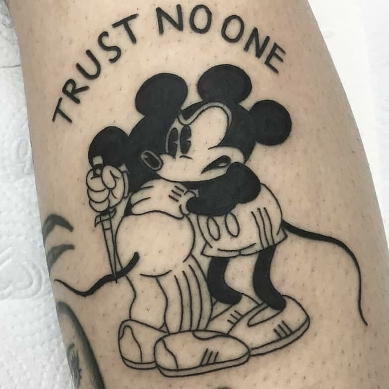 Backstabbing Trust No One Tattoo Disney Mickey Mouse Design In Black Ink