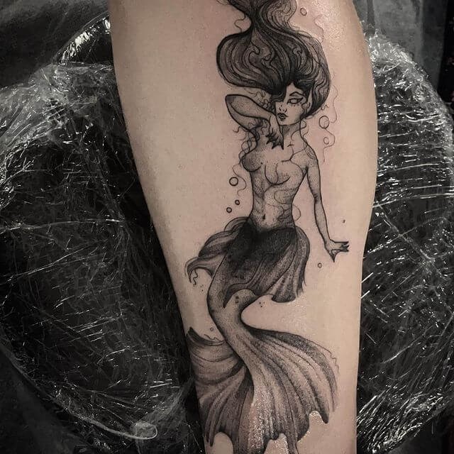 Chic Siren Tattoo On Calf