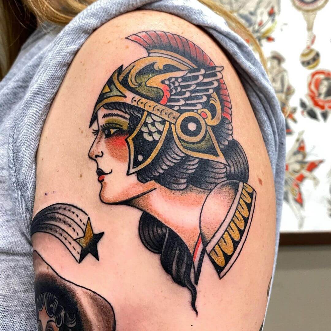 Shoulder Athena Greek Goddess Tattoo Colorful Design