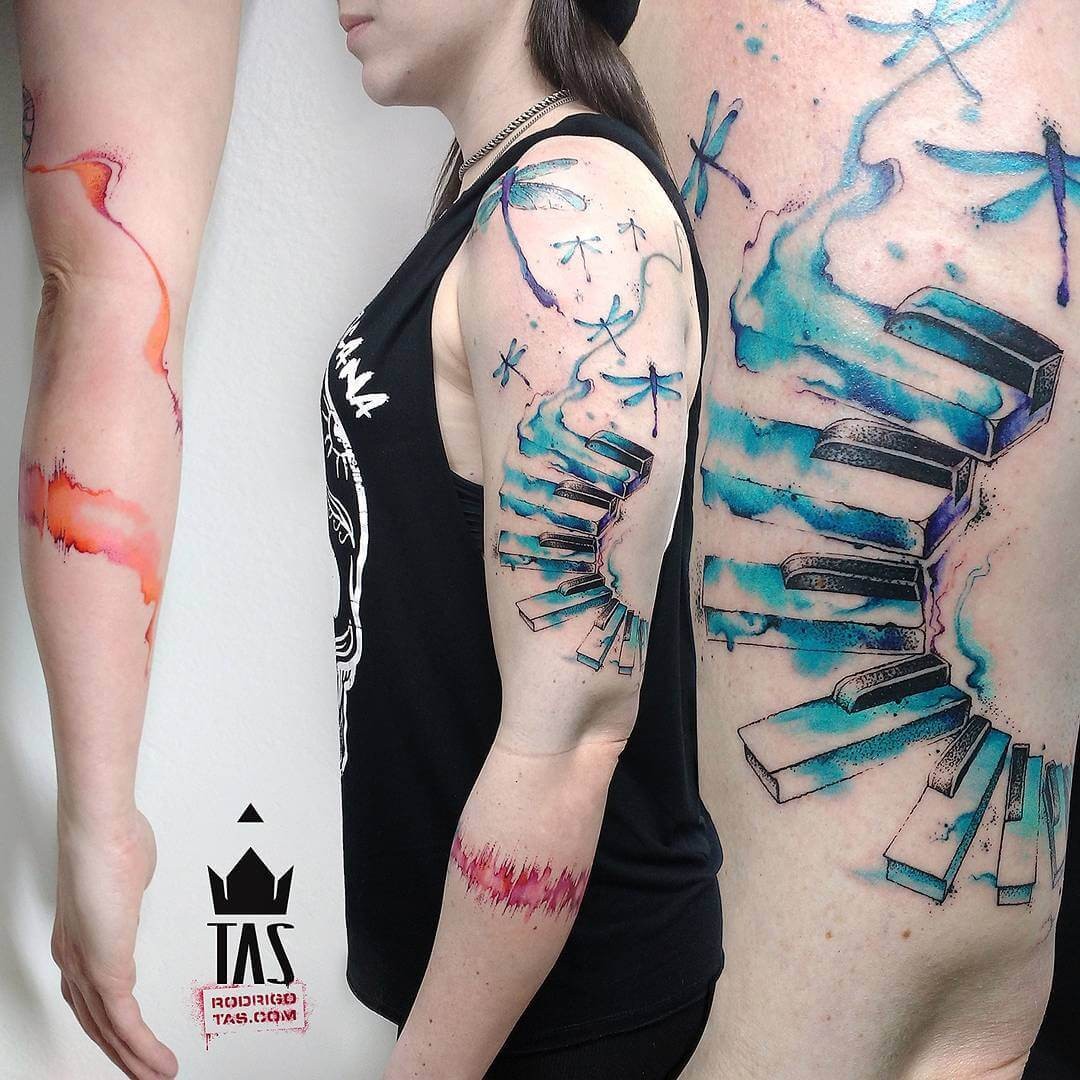 Watercolour Piano Keyboard Tattoo Sleeve