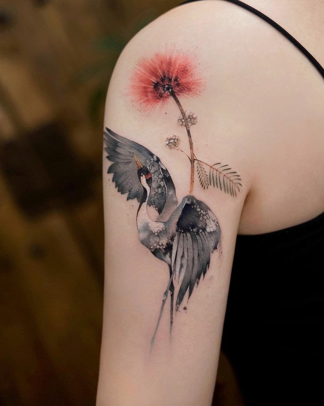 Flamboyant Japanese Crane Bird Tattoo Idea