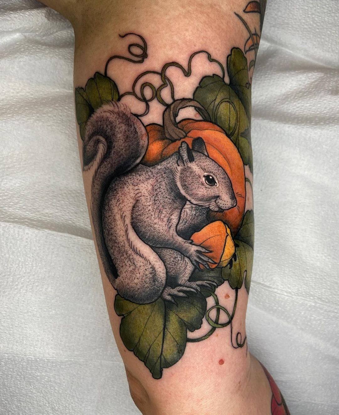 Squirrel Eating Pumpkin Tattoo