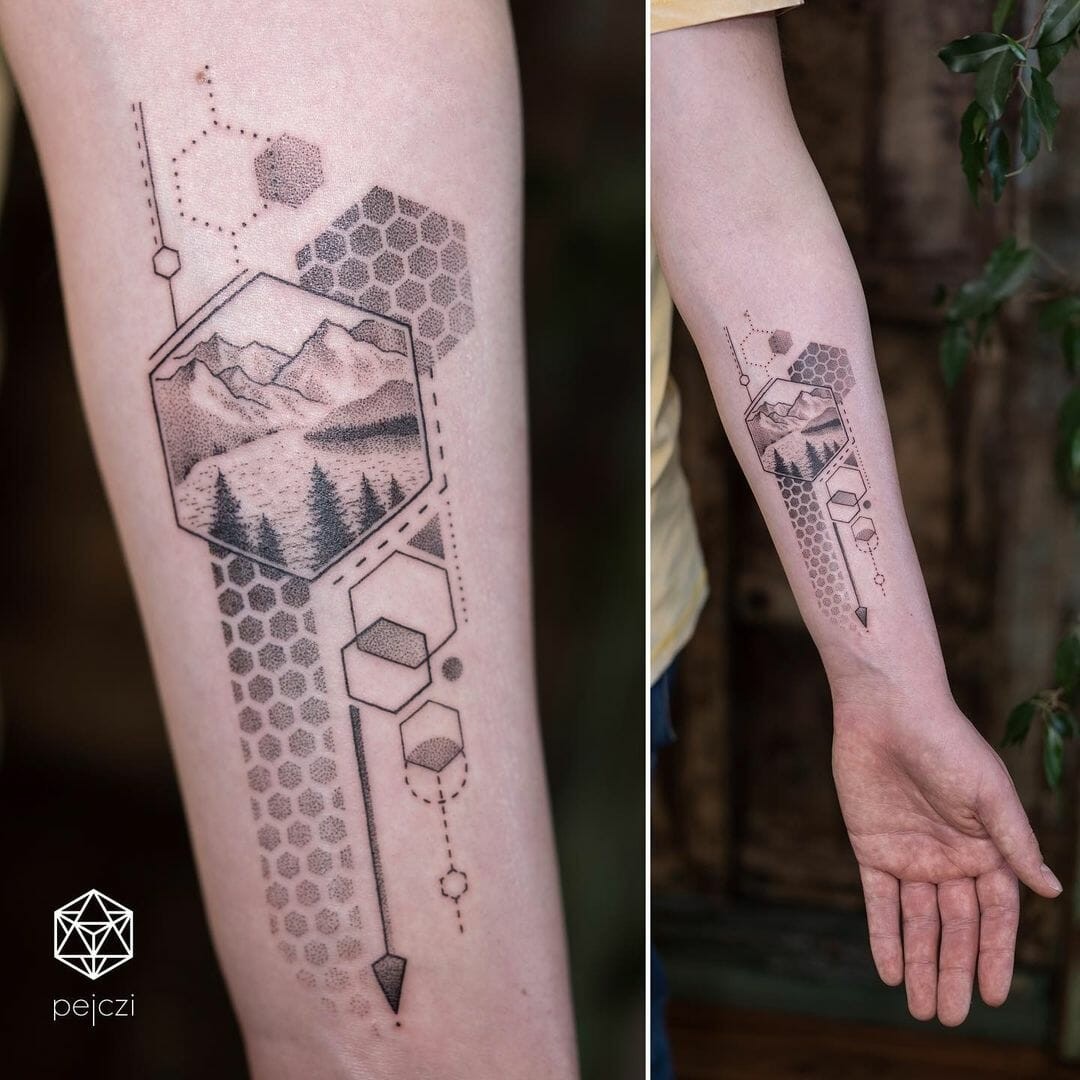 Geometrical Landscape Hexagon Tattoo