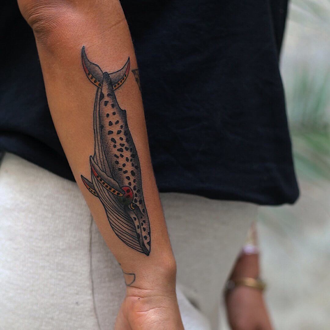 Creative Colored Inks Spotted Whale Tattoos Design Idea For Arm Placement