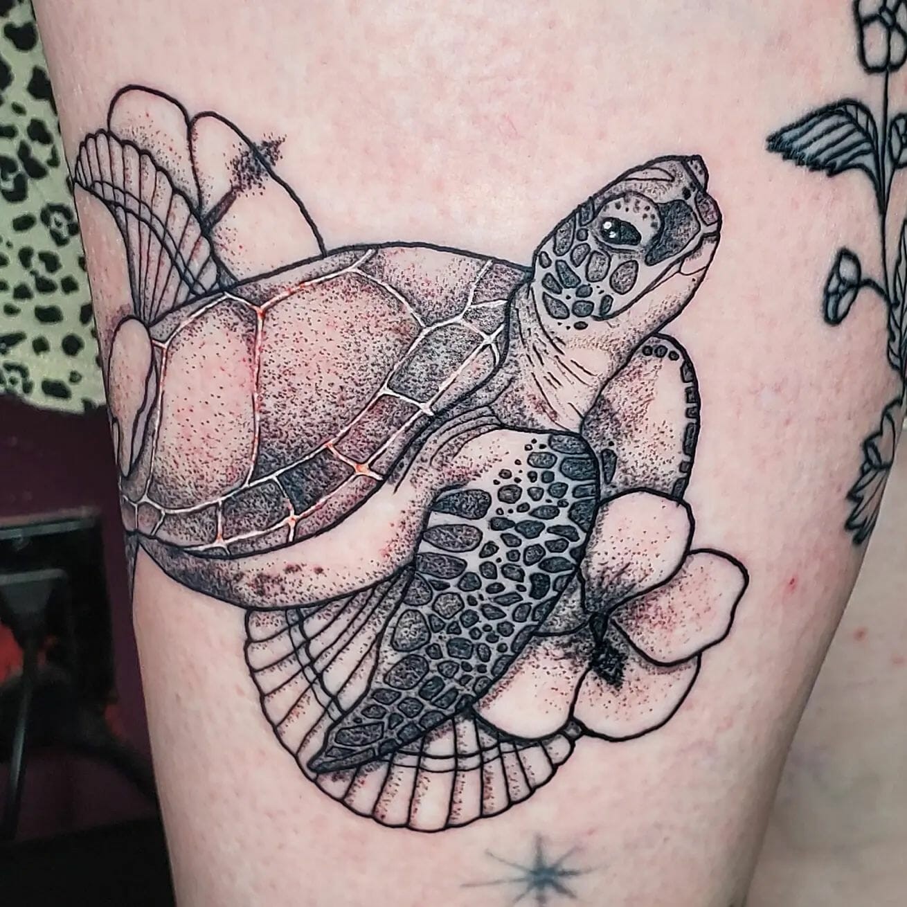 Realistic Turtle With Hawaiian Flowers Tattoo