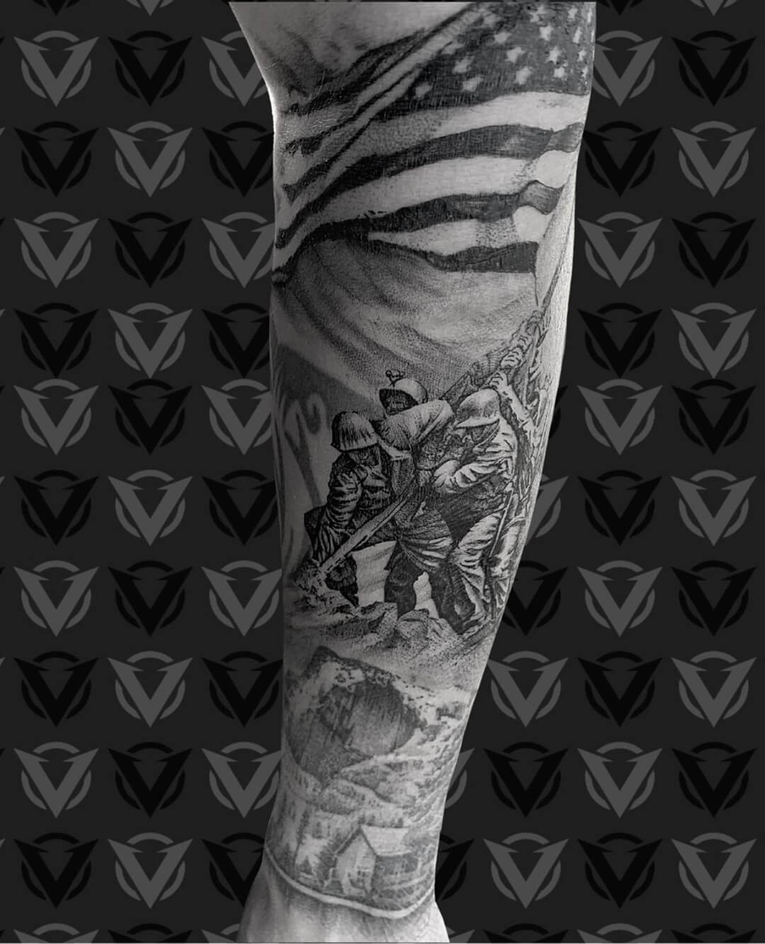 Soldiers And The American Flag Army Sleeve Tattoo