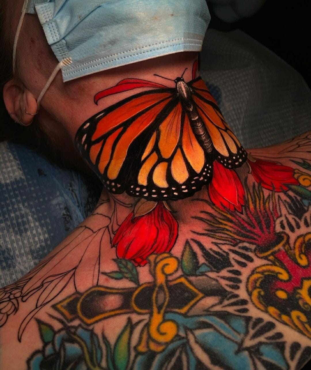 Traditional Monarch Butterfly Tattoo On Neck