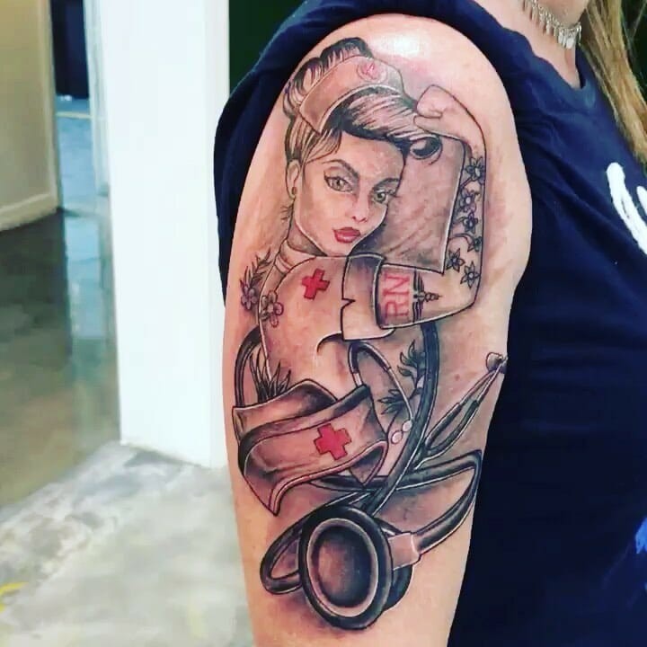 Pin-Up Nurse Tattoo With A Stethoscope