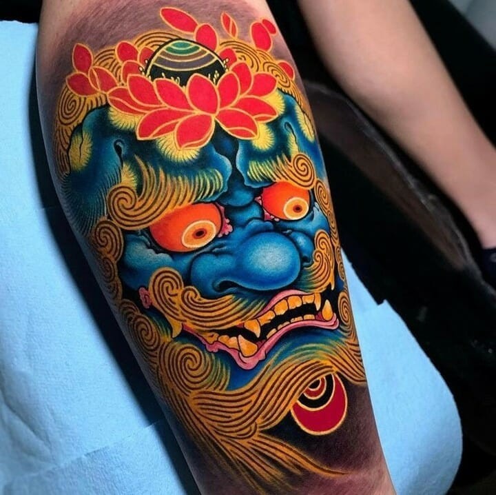 Foo Dog Tattoos With Asian Floral Symbols