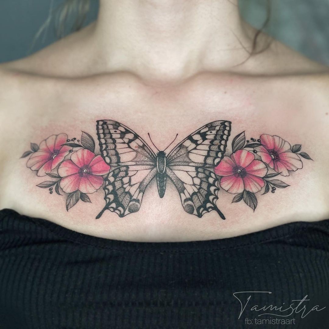 Awesome Flower Chest Tattoo With A Butterfly