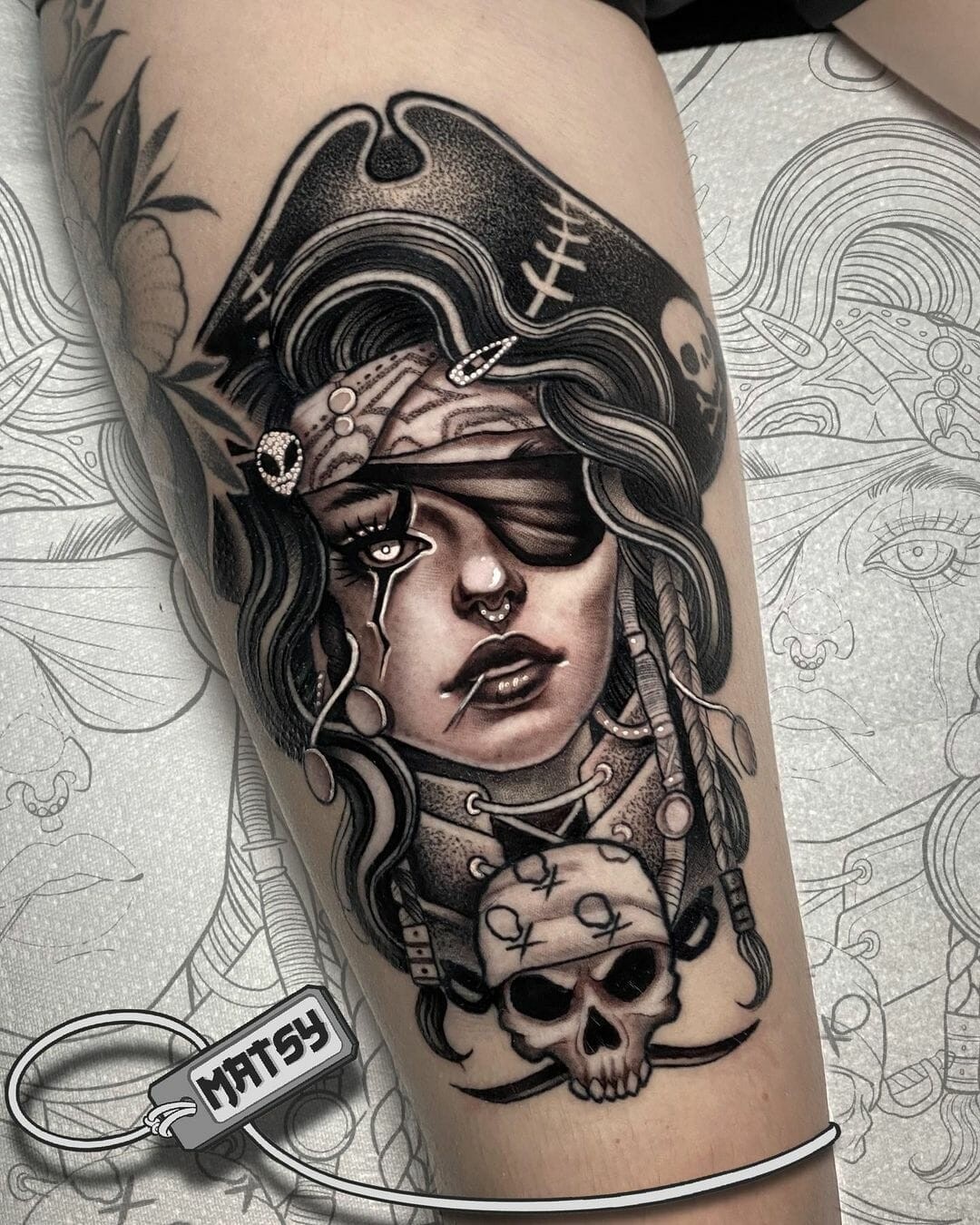 Woman Pirate Face Tattoo Design