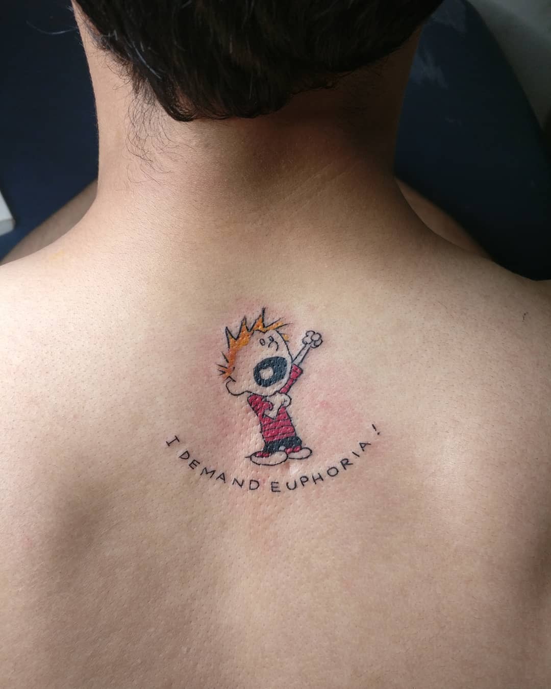 Calvin And Hobbes Tattoo Over Neck Placement