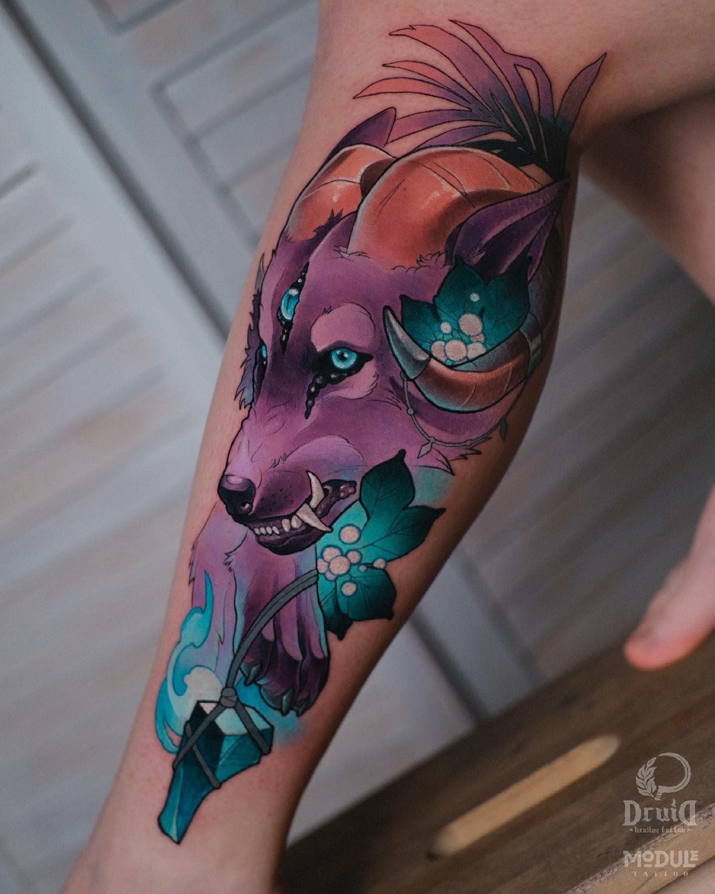 Neo Traditional Style Three-Eyed Wolf Head Tattoo