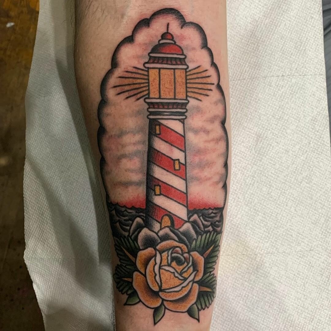 Red Lighthouse Tattoo Design Floral