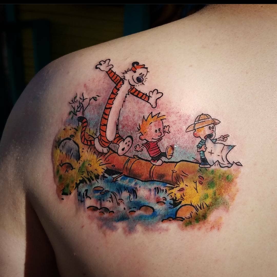 Calvin And Hobbes Tattoos Comic Strip Inspired Piece Full Color Illustration Great Tattoo