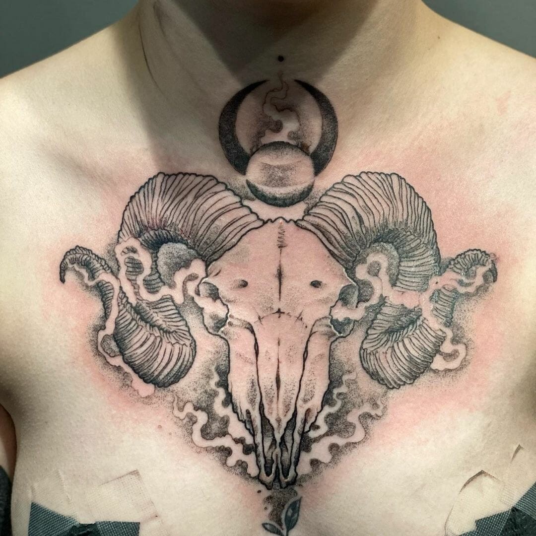 Ram Skull Chest Tattoo